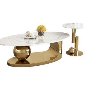 MODERN LUXURY METALLIC OVAL COFFEE TABLE SET WITH SIDE TABLE